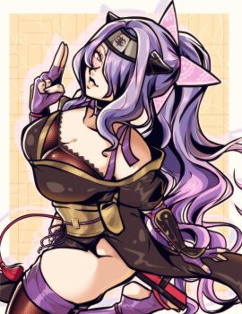 1girl breasts camilla_(fire_emblem) camilla_(ninja)_(fire_emblem) cleavage female_focus fire_emblem fire_emblem_fates fire_emblem_heroes hair_over_one_eye kuji-in large_breasts long_hair nico_artooo ninja nintendo ponytail purple_eyes purple_hair solo