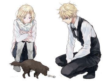 1boy 1girl 2boys :| black_boots black_bow black_bowtie black_pants blonde_hair blue_eyes bone boots bow bowtie closed_mouth dog durarara!! feeding full_body glasses grey_boots heiwajima_shizuo hetero implied_hetero looking_at_another medium_hair multiple_boys pants purple_eyes scarf short_hair sitting sketch squatting urahara vest vorona white_scarf winter winter_clothes