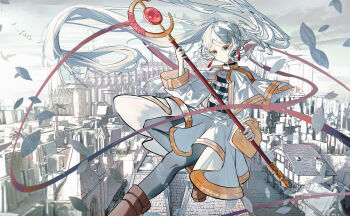 Rule 34 | 1girl, absurdres, belt, bilingual commentary, black belt, black pantyhose, boots, brown boots, capelet, chinese commentary, city, closed mouth, commentary, day, dress, earrings, elf, english commentary, expressionless, falling leaves, foot out of frame, frieren, green eyes, grey hair, heiyan, highres, holding, holding staff, jewelry, leaf, long hair, long ribbon, long sleeves, looking at viewer, mage staff, midair, mixed-language commentary, outdoors, pantyhose, parted bangs, perspective, pointy ears, red ribbon, ribbon, sidelighting, sidelocks, signature, solo, sousou no frieren, staff, thick eyebrows, twintails, very long hair, white capelet, white dress, wide sleeves, wind