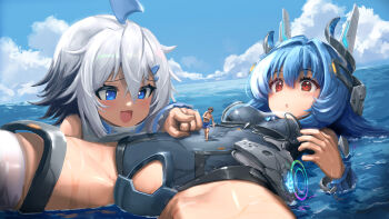 1boy 2girls :3 :d :o blue_eyes blue_hair blush breasts character_request clothing_cutout cloud commentary_request crotch_cutout ebizome giant giantess hair_intakes hair_ornament hairclip haze/reverb highres horns leotard lying male_swimwear mecha_musume mechanical_horns multiple_girls on_back open_mouth partially_submerged pointing pointing_at_another red_eyes sky small_breasts smile swim_trunks thighhighs walking water wet white_hair white_thighhighs