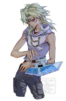 1boy 4_cdq dark-skinned_male dark_skin duel_disk earrings facial_mark grey_hair hair_between_eyes hood hoodie jewelry male_focus marik_ishtar medium_hair pants purple_eyes purple_hoodie sleeveless sleeveless_hoodie smile solo white_background yu-gi-oh! yu-gi-oh!_duel_monsters