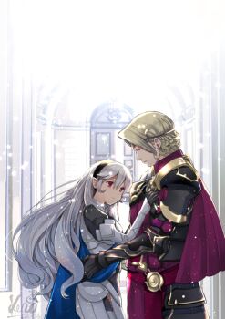 1boy 1girl armored_boots blonde_hair boots brother_and_sister cape female_corrin_(fire_emblem) elbow_gloves fire_emblem fire_emblem_fates gauntlets gloves kero_sweet long_hair nintendo pointy_ears red_eyes siblings tiara white_hair xander_(fire_emblem)