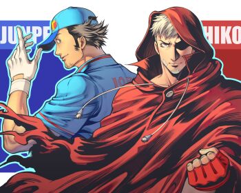 2boys arm_up baseball_cap baseball_jersey black_hair blue_hat blue_shirt clenched_hand cloak commentary facial_hair fingerless_gloves gloves goatee grey_eyes grey_hair hat highres hood hood_up hooded_cloak iori_junpei jersey looking_at_viewer male_focus multiple_boys oldkin persona persona_4:_the_ultimate_in_mayonaka_arena red_gloves sanada_akihiko shirt short_sleeves symbol-only_commentary upper_body white_gloves