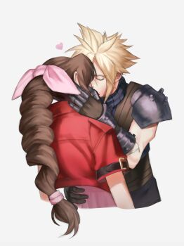 1boy 1girl absurdres aerith_gainsborough arm_around_waist armor armored_gloves bandaged_arm bandages belt blonde_hair braid braided_ponytail brown_belt brown_hair closed_eyes cloud_strife couple cropped_jacket cropped_torso dress final_fantasy final_fantasy_vii final_fantasy_vii_remake grey_background hair_between_eyes hair_ribbon hand_in_another&#039;s_hair hetero highres jacket kiss liunennim long_hair parted_bangs pauldrons pink_dress pink_ribbon red_jacket ribbon sharp_teeth short_hair short_sleeves shoulder_armor single_braid single_pauldron sleeveless sleeveless_turtleneck suspenders teeth turtleneck upper_body