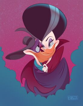 1boy 1girl black_hair cape commentary darkwing_duck darkwing_duck_(character) disney duck_boy duck_girl ducktales english_commentary eyeshadow face-to-face furry furry_female furry_male furry_with_furry hat hetero highres lcarreradesign makeup mask mickey_mouse_&amp;_friends morgana_(darkwing_duck) multicolored_hair purple_eyeshadow streaked_hair white_hair