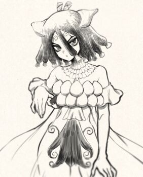 1girl bare_shoulders cowboy_shot detached_collar dr._stone dress fingernails greyscale hair_between_eyes kirisame_(dr._stone) looking_at_viewer medium_hair monochrome ninomae_gin off-shoulder_dress off_shoulder parted_lips personification see-through_clothes see-through_dress short_hair simple_background solo white_background