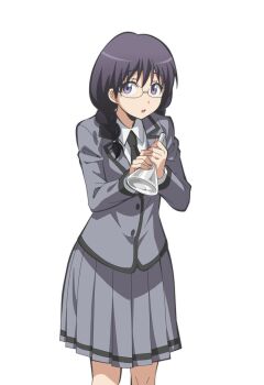 1girl :o anime_coloring ansatsu_kyoushitsu black_hair black_necktie braid braided_ponytail breasts collared_shirt cowboy_shot flask glasses grey_skirt hair_between_eyes higami_aya highres holding holding_flask jimiko kunugigaoka_middle_school_uniform long_hair long_sleeves looking_at_viewer necktie official_art okuda_manami purple_eyes school_uniform shirt simple_background single_braid skirt small_breasts solo standing tachi-e tareme transparent_background white_shirt