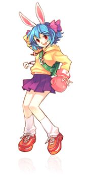 10s animal_ears backpack bag blue_hair boxing_gloves bunny_(trickster) gloves headband hood hoodie lowres rabbit_ears randoseru red_eyes skirt socks solo trickster_(ntreev_soft)