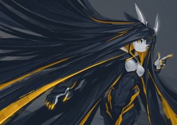 1girl 2018 absurdres black_bodysuit black_cloak black_hair bodysuit breasts cloak contrapposto covered_navel electric_hearts eyeliner highres horns joints krita_(medium) long_hair looking_at_viewer mechanical_hair medium_breasts non-web_source original pointing pointing_up robot robot_girl robot_joints signature tyson_tan yellow_eyeliner yellow_eyes yellow_nails