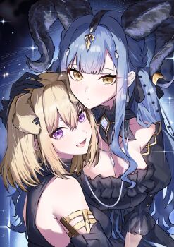 Rule 34 | 2girls, :d, animal ears, arknights, bang dream!, bang dream! it's mygo!!!!!, bare shoulders, black background, black collar, black dress, black gloves, black horns, black shirt, blonde hair, blue background, blue hair, blue ribbon, blunt bangs, blush, breasts, cleavage, collar, commentary request, curled horns, detached sleeves, dog ears, dress, fang, frilled dress, frilled sleeves, frills, gem, gem hair ornament, gloves, gradient background, hair between eyes, hand on another's head, hand up, heads together, highres, horns, houji tea latte, jewelry, juliet sleeves, large breasts, long hair, long sleeves, looking at viewer, medium hair, misumi uika, misumi uika (caged singer), multiple girls, necklace, off-shoulder dress, off shoulder, official alternate costume, open mouth, parted lips, pendant, puffy sleeves, purple eyes, ribbon, shirt, sleeveless, sleeveless shirt, smile, sparkle, togawa sakiko, togawa sakiko (master of melodia), two-tone background, upper body, white gem, yellow eyes, yuri