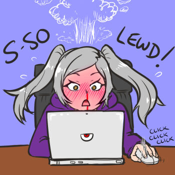 Rule 34 | 1girl, akairiot, bad id, bad tumblr id, blood, blush, brown eyes, casual, commentary, computer, computer mouse, female focus, female robin (fire emblem), fire emblem, fire emblem awakening, full-face blush, hood, hood down, hoodie, kirby (series), laptop, long hair, nintendo, nosebleed, silver hair, simple background, solo, twintails, zero (kirby), zero two (kirby)