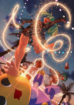 1other 4girls absurdres ahoge arms_behind_back barefoot beach bikini black_bikini blonde_hair blue_eyes brown_hair can drink_can dusk earrings fireworks frilled_shorts frills from_below gold_earrings green_eyes green_hair grimace highres jewelry long_hair mega_man_(series) mega_man_legends mega_man_legends_(series) mko_(artist) multiple_girls open_mouth orange_shorts palm_tree red_eyes roll_caskett_(mega_man) sera_(mega_man) servbot_(mega_man) short_hair shorts smile soles sparkler spread_toes stepped_on string_lights swimsuit swimsuit_cover-up toenails toes tree tron_bonne_(mega_man) twintails white_shorts yuna_(mega_man)