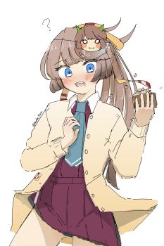 Rule 34 | 1girl, ?, absurdres, aqua necktie, blue eyes, blue pantyhose, box, brown hair, cardigan, collared shirt, commentary request, dress, dress shirt, halter dress, halterneck, highres, kantai collection, kazagumo (kancolle), kazagumo kai ni (kancolle), long hair, mask, mask on head, masu, meta, necktie, panties, pantyhose, pantyshot, ponytail, purple dress, shirt, solo, tsuru (thunder tsuru), underwear, white shirt, yellow cardigan