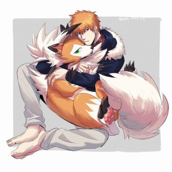 1boy animal animal_hug asure_(asure_twi) barefoot bleach crossover fur-trimmed_jacket fur_trim gen_7_pokemon green_eyes highres hood hooded_jacket hug jacket kurosaki_ichigo lycanroc lycanroc_(dusk) male_focus nintendo orange_hair parted_lips pawpads pokemon pokemon_(creature) short_hair