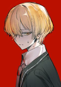Rule 34 | 1boy, artist name, black jacket, black sleeves, blonde hair, closed mouth, collared shirt, commentary request, dress shirt, eyelashes, from side, hair over one eye, half-closed eyes, jacket, lapels, limbus company, looking at viewer, male focus, necktie, project moon, red background, red pupils, shirt, sinclair (project moon), solo, susisanta0707, sweat, swept bangs, watermark, white necktie, white shirt, white trim, yellow eyes