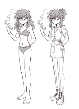 1girl barefoot bra breasts cigarette commentary crunnchy dress-up english_commentary flat_chest full_body glasses highres messy_hair monochrome multiple_persona navel original panties small_breasts smoke smoking standing underwear