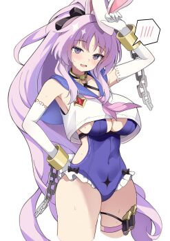 1girl absurdres animal_ears arm_up armpits breasts chain commentary_request covered_navel cropped_legs cuffs elbow_gloves gloves hand_on_own_hip highres koshian_(taiyaki) long_hair neckerchief o-ring_collar one-piece_swimsuit pink_neckerchief purple_eyes purple_hair purple_one-piece_swimsuit purple_sailor_collar rabbit_ears rabbit_girl rabbit_tail sailor_collar shia_(stella_sora) simple_background spoken_blush stella_sora sweat swimsuit tail white_background white_gloves