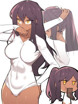 1girl abs breasts brown_hair chibi commentary_request cowboy_shot dark-skinned_female dark_skin eating_clothes girls&#039;_frontline hand_on_own_ass hand_to_own_mouth highres korean_commentary large_breasts leotard long_sleeves multiple_views pinkboy ponytail saiga-12_(girls&#039;_frontline) sock_in_mouth tying_hair white_leotard yellow_eyes