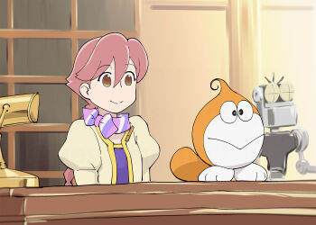 Rule 34 | 1girl, 21 emon, 21 emon (character), apocalypse hotel, brown eyes, brown hair, crossover, highres, indoors, lamp, long hair, long sleeves, puffy long sleeves, puffy sleeves, purple scarf, robot, scarf, smile, ueyama michirou, yachiyo (apocalypse hotel)