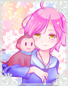 1girl antenna_hair blush dress hair_between_eyes highres hood hooded_dress hoodie jewelry kumatora looking_at_viewer monkey mother_(series) mother_3 necklace nintendo pink_hair salsa_(mother) short_hair smile yamamori_uniko yellow_eyes