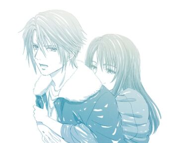 Rule 34 | 1boy, 1girl, assertive female, chain, chain necklace, commentary request, couple, final fantasy, final fantasy viii, fur-trimmed jacket, fur trim, furrowed brow, hair between eyes, hetero, hug, hug from behind, jacket, jewelry, long hair, monochrome, necklace, open mouth, panda xtnm, rinoa heartilly, scar, scar on face, scar on forehead, shirt, short hair, sleeves rolled up, smile, squall leonhart, sweatdrop, upper body, white background, white shirt