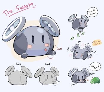 animal_ears banknote cat_tail chibi chibi_only commentary drone english_commentary english_text firing flying full_body highres money no_humans simple_background speech_bubble swarm_drone_(neuro-sama) tail turtle ukichan22905846 vedal987 vedal_ai virtual_youtuber white_background