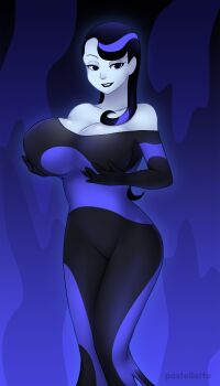 1girl artist_name batman_(series) batman_beyond black_bodysuit black_eyes black_hair black_lips blue_background blue_bodysuit blue_hair blue_skin bodysuit breast_expansion breasts cleavage collarbone colored_skin dc_comics dress eyebrows eyelashes feet_out_of_frame grabbing_own_breast gradient_background groin hair_over_shoulder highres inque large_breasts lipstick liquid_clothes long_hair makeup mature_female meltyvixen monster_girl multicolored_bodysuit multicolored_hair pale_skin purple_hair slime_(substance) slime_girl smile solo teeth