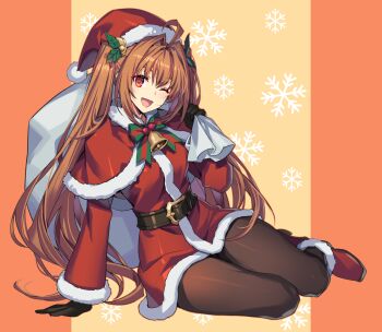 1girl :d belt black_gloves christmas commentary commentary_request eiyuu_densetsu english_commentary estelle_bright full_body gloves hair_intakes hat highres long_hair looking_at_viewer mixed-language_commentary open_mouth orange_background orange_hair pantyhose pikkard_(user_dvjw5784) red_eyes red_hat santa_costume santa_hat sitting smile snowflakes solo sora_no_kiseki twintails