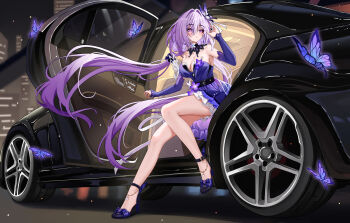 1girl absurdres aichinaigai breasts bug butterfly butterfly_hair_ornament car car_door castorice_(gossamer_flutter)_(honkai:_star_rail) castorice_(honkai:_star_rail) chinese_commentary cleavage commentary_request dress hair_ornament high_heels highres honkai:_star_rail honkai_(series) insect large_breasts long_hair motor_vehicle official_alternate_costume purple_dress purple_eyes purple_hair solo sports_car thighs very_long_hair