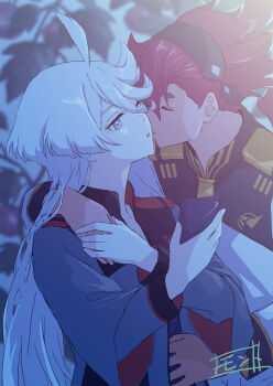 2girls asticassia_school_uniform black_hairband closed_eyes commentary_request green_jacket grey_eyes gundam gundam_suisei_no_majo hairband hand_on_another&#039;s_shoulder hand_on_another&#039;s_waist highres holding holding_hands holding_phone jacket leaf long_hair miorine_rembran monto_(user_dmde2437) multiple_girls night parted_lips phone ponytail red_hair school_uniform suletta_mercury thick_eyebrows tomato white_hair white_jacket yuri