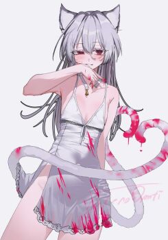1girl :3 animal_ears arm_behind_back arm_up armpits artist_name babydoll bare_arms bare_shoulders bell blood blood_on_clothes blood_on_face blood_on_hands blood_on_tail blush cat_ears cat_girl cat_tail closed_mouth colored_eyelashes commentary_request covered_groin cowboy_shot double-parted_bangs empire_waist fingernails flat_chest grey_background hand_on_own_chin heart heart_tail highres lace-trimmed_babydoll lace_trim lifted_by_tail long_eyelashes long_fingernails long_hair looking_at_viewer multiple_tails neck_bell nekomata no_panties original red_eyes ribbon sharp_fingernails side_slit simple_background solo spaghetti_strap standing tail takeno_omoti torn_clothes two_tails uneven_eyes white_babydoll white_eyelashes white_hair white_ribbon wiping_blood wiping_face