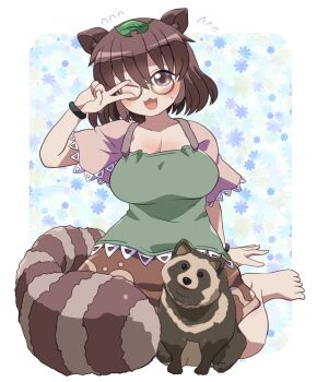 1girl ;3 ;d animal_ears barefoot blush breasts brown_eyes brown_hair brown_skirt cleavage collarbone commentary_request flying_sweatdrops full_body futatsuiwa_mamizou glasses green_shirt hair_between_eyes hand_up highres large_breasts leaf leaf_on_head looking_at_viewer one_eye_closed open_mouth raccoon_ears raccoon_girl raccoon_tail rokugou_daisuke round_eyewear shirt short_hair short_sleeves signature skirt smile solo sweatdrop tail touhou v
