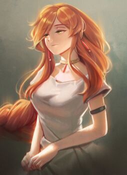 1girl absurdres armlet braid breasts brown_hair closed_mouth commentary dress earrings english_commentary flamme_(sousou_no_frieren) green_eyes grey_background highres jewelry light_smile long_hair medium_breasts milgtea pendant_choker short_sleeves sidelocks simple_background single_braid solo sousou_no_frieren swept_bangs upper_body white_dress