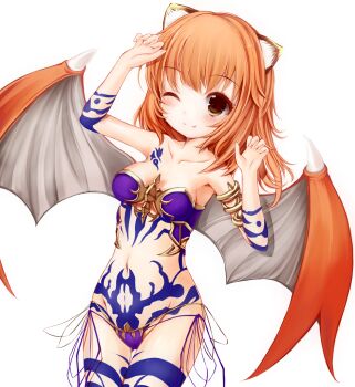 1girl ;) abii animal_ears armlet armor armpits bikini bikini_armor blush bush cat_ears collarbone demon_wings fang fang_out female_focus groin jewelry navel ole_tower one_eye_closed orange_hair paw_pose pubic_tattoo road_cutter_(ole_tower) short_hair side-tie_bikini_bottom simple_background smile solo swimsuit tatto tattoo thigh_gap white_background wings