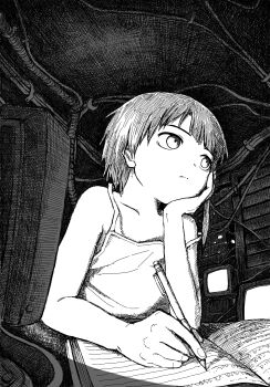 1girl bare_shoulders book cable closed_mouth crt greyscale hatching_(texture) head_rest highres holding holding_pen indoors iwakura_lain monitor monochrome open_book pen sano_(snsk3470) screen_light serial_experiments_lain sleeveless solo spaghetti_strap writing