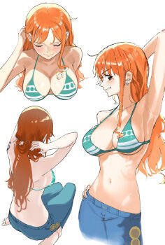 1girl arm_behind_head arm_up armpits arms_behind_back bare_shoulders bikini bikini_top_only blue_pants blush breasts brown_eyes cleavage closed_eyes collarbone commentary cowboy_shot denim earrings el_tenshi foot_out_of_frame from_above from_behind green_bikini halterneck hand_on_own_hip hands_in_own_hair highres jeans jewelry large_breasts long_hair multiple_views nami_(one_piece) navel one_piece orange_hair pants parted_lips seiza shoulder_tattoo simple_background single_sidelock sitting smile stomach string_bikini swimsuit tattoo upper_body white_background