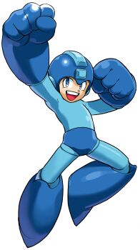 Rule 34 | 1990s (style), 1998, 1boy, absurdres, android, bengus, blue bodysuit, blue eyes, bodysuit, capcom, clenched hand, fist pump, game cg, gloves, helmet, highres, jumping, male focus, marvel, marvel vs. capcom, marvel vs. capcom 1, mega man (character), mega man (series), non-web source, official art, open mouth, retro artstyle, robot, smile, solo, weapon
