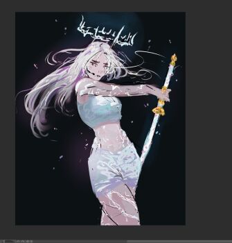 1girl blonde_hair contrapposto crop_top crown feet_out_of_frame floating_hair glowing_veins grey_eyes headset highres holding holding_sword holding_weapon ignoramoose long_hair looking_to_the_side nephis_(shadow_slave) parted_lips screencap shadow_slave sheath shorts solo stomach sword twisted_torso unsheathing walking weapon white_shorts