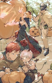 1girl 3boys :< al_(re:zero) black_dress blue_eyes breasts capelet carving_pumpkin demon_boy demon_tail demon_wings dress frills halloween heinkel_(re:zero) horns imp jack-o'-lantern knight_helmet large_breasts missing_arm multiple_boys orange_hair pink_hair priscilla_barielle pumpkin re:zero_kara_hajimeru_isekai_seikatsu red_eyes red_hair schult_(re:zero) short_hair smile tail wings