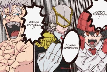 1boy 2girls andy_(undead_unluck) beanie black_hair black_shirt blonde_hair covered_eyes crossed_arms domain_expansion epaulettes gloves hat helmet highres izumo_fuuko juiz_(undead_unluck) jujutsu_kaisen kurrrto multiple_girls necktie no_shirt red_eyes red_gloves red_necktie scar scar_on_face screaming shirt undead_unluck union_emblem_(undead_unluck) white_gloves white_shirt