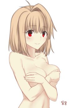 1girl ahoge arcueid_brunestud blonde_hair breasts cleavage completely_nude covering_breasts covering_privates hair_intakes huge_breasts looking_at_viewer nude ouhina red_eyes short_hair smile tsukihime upper_body