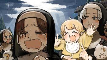 5girls :d aged_down baby bird black_eyes blonde_hair blue_eyes brown_hair bunny_nun_(diva) chicken closed_eyes cloud cloudy_sky clumsy_nun_(diva) commentary crying crying_with_eyes_open diva_(hyxpk) duck english_commentary grey_hair highres hungry_nun_(diva) little_nuns_(diva) mole mole_on_cheek multiple_girls nun open_mouth sky smile smug_nun_(diva) strict_nun&#039;s_mother_(diva) sweatdrop tears traditional_nun tree