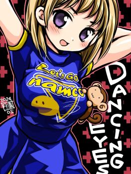 Rule 34 | 1girl, :3, animal, arm behind head, arms up, blonde hair, blue shirt, blue skirt, blush, breasts, cheerleader, clothes writing, commentary request, company name, copyright name, dancing eyes, dated, highres, judy gazzara, looking at viewer, medium breasts, medium hair, mini person, monkey, namco, open mouth, pac-man, pac-man (game), purple eyes, shirt, short sleeves, signature, skirt, solo, standing, upper body, yukiyo kato