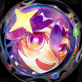 1boy black_scarf bright_pupils camera_view checkered_clothes checkered_scarf chinese_commentary close-up commentary_request danganronpa_(series) danganronpa_v3:_killing_harmony eyelashes hair_between_eyes happy heart heart-shaped_pupils highres male_focus monitoring_(vocaloid) oma_kokichi open_mouth painting_(medium) portrait pov_peephole purple_eyes purple_hair sanyue_bingbing scarf short_hair smile solo sparkle star_(symbol) symbol-shaped_pupils traditional_media two-tone_scarf upper_body watercolor_(medium) white_pupils white_scarf