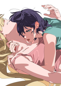 Rule 34 | 2girls, absurdres, bare shoulders, black hair, blonde hair, camisole, chinese commentary, cho kaguya-hime!, commentary request, green eyes, green shirt, hand on another's neck, hand on another's shoulder, highres, holding hands, jewelry, kaguya (cho kaguya-hime!), licking, licking another's neck, long hair, medium hair, mole, mole under eye, molu stranger, multiple girls, off shoulder, open mouth, pink camisole, sakayori iroha, saliva, shirt, short sleeves, simple background, spaghetti strap, sweatdrop, tongue, white background, yuri