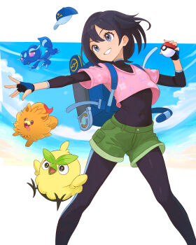 1girl absurdres backpack bag black_bodysuit black_gloves black_hair blue_bag blue_eyes blue_gloves blue_hat blue_sky bodysuit bodysuit_under_clothes browt cloud collarbone commentary covered_navel fangs feathers female_protagonist_(pokemon_ww) fingerless_gloves floral_print_shirt gecqua gen_10_pokemon gloves green_shorts hat highres holding holding_poke_ball layered_sleeves long_sleeves nintendo ocean open_mouth orange_fur pink_shirt poke_ball poke_ball_(basic) pokemon pokemon_(creature) pokemon_ww pombon shirt short_hair short_over_long_sleeves short_sleeves shorts sky smile starter_pokemon_trio tongue tongue_out truejekart unworn_hat unworn_headwear water yellow_feathers