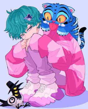 1boy alternate_costume animal animal_on_shoulder aqua_eyes aqua_hair baby_(kpop_demon_hunters) bird black_bird black_hat blue_background character_hair_ornament derpy_(kpop_demon_hunters) extra_eyes gat_(hat) hair_ornament hashtag-only_commentary hat highres hugging_own_legs kpop_demon_hunters looking_to_the_side magpie nasi_w2 official_alternate_costume on_floor pale_skin pants pink_sweater platform_sandals purple_pants purple_shoes sandals shoes short_hair sideways_glance simple_background striped_clothes striped_sweater sussie_(kpop_demon_hunters) sweater tiger tongue tongue_out tusks