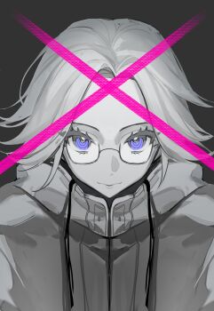 1boy absurdres aotsuki_eito chinese_commentary chunjinran000 commentary drawstring glasses greyscale highres jacket looking_at_viewer male_focus monochrome purple_eyes short_hair simple_background solo spot_color straight-on the_hundred_line_-last_defense_academy- upper_body upturned_eyes variant_set x_(symbol)