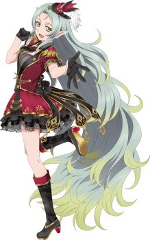 Rule 34 | 1girl, aqua hair, artist request, black boots, black dress, black gloves, blonde hair, boots, breasts, dress, from side, full body, game cg, gloves, green eyes, hat, highres, idol, idol clothes, long hair, looking at viewer, mini hat, multicolored dress, multicolored hair, muzet (tales), official alternate costume, official art, open mouth, pointy ears, red dress, red hat, smile, solo, standing, standing on one leg, tales of (series), tales of asteria, tales of xillia, third-party source, transparent background, two-tone hair, very long hair, yellow eyes