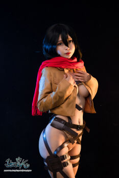 1girl absurdres black_hair cosplay cosplay_photo female_focus hair_between_eyes highres jacket looking_at_viewer mikasa_ackerman mikasa_ackerman_(cosplay) military_jacket military_uniform photo_(medium) real_life shingeki_no_kyojin solo survey_corps_(emblem) umekojcosplayer
